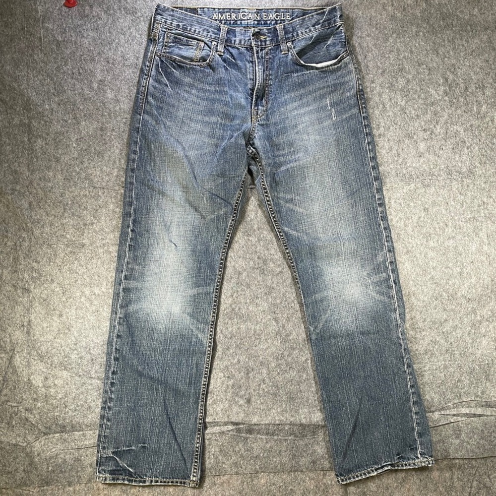 American Eagle Relaxed Jeans Mens 34x33 Straight Leg 100% Cotton Whisker Fade